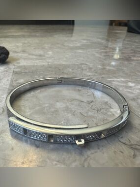 Michael Kors Silver-Tone Pavé Accent Hinged Bangle Bracelet